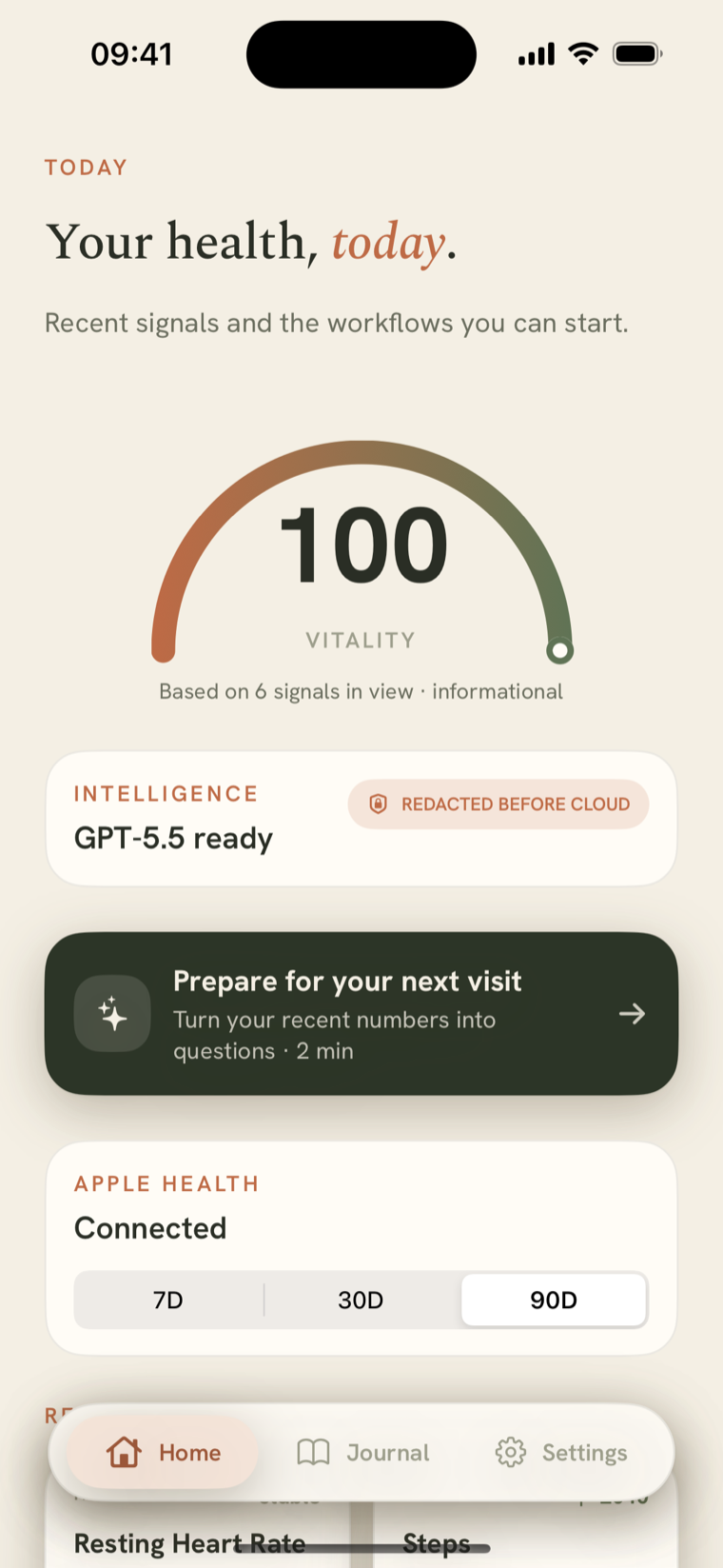 Welna Home screen: a Vitality dial reading 100 based on six health signals, a 'GPT-5.5 ready · redacted before cloud' card, a 'Prepare for your next visit' workflow, and Apple Health connected over a 90-day window.