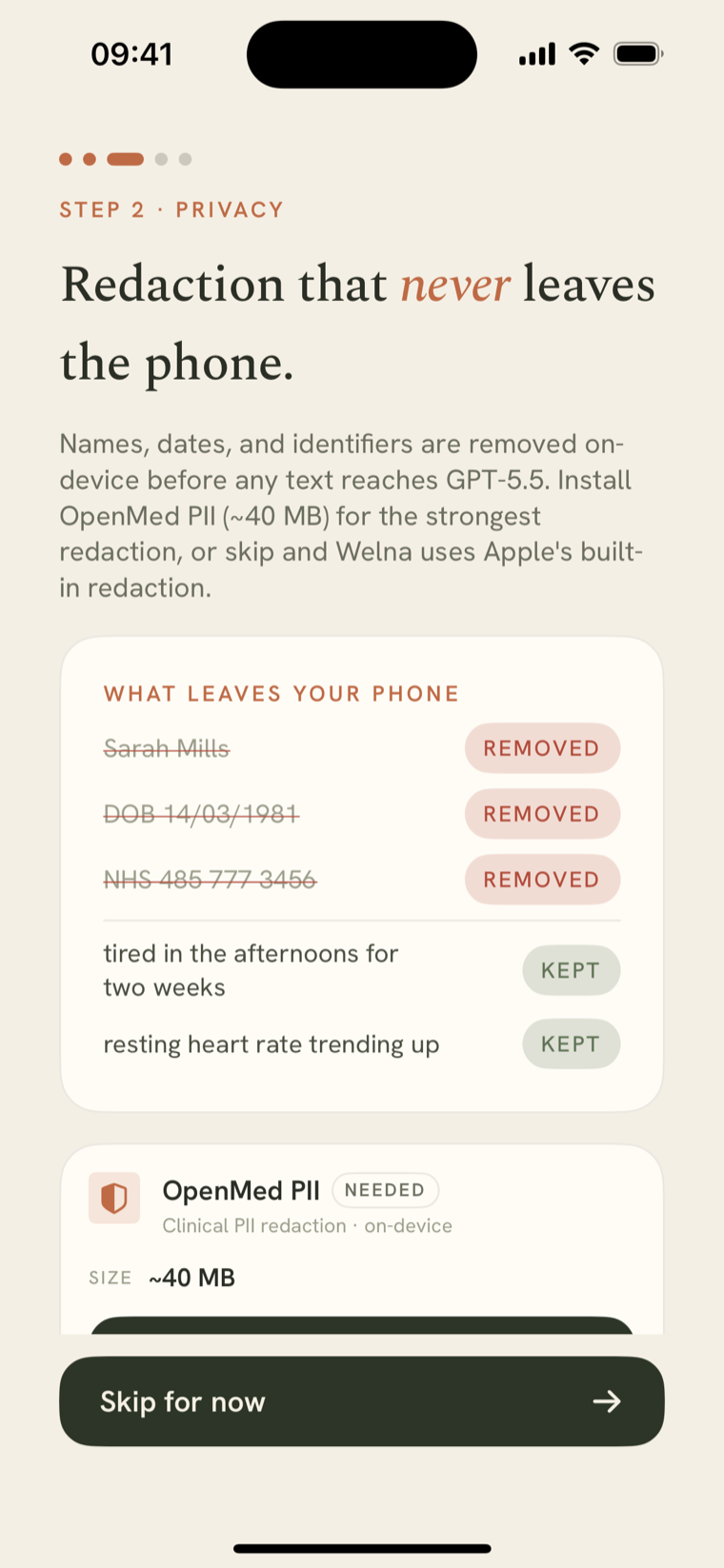 Onboarding privacy step: a 'What leaves your phone' table showing a name, date of birth and NHS number marked REMOVED, while the user's symptom notes are marked KEPT.