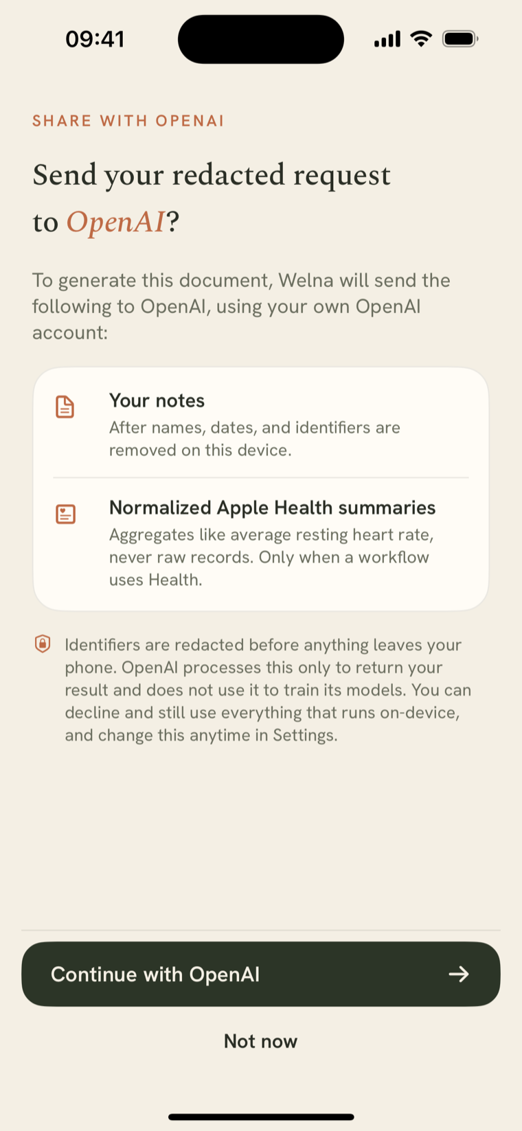 Consent screen: 'Send your redacted request to OpenAI?' listing your redacted notes and normalized Apple Health summaries, with Continue with OpenAI and Not now options.